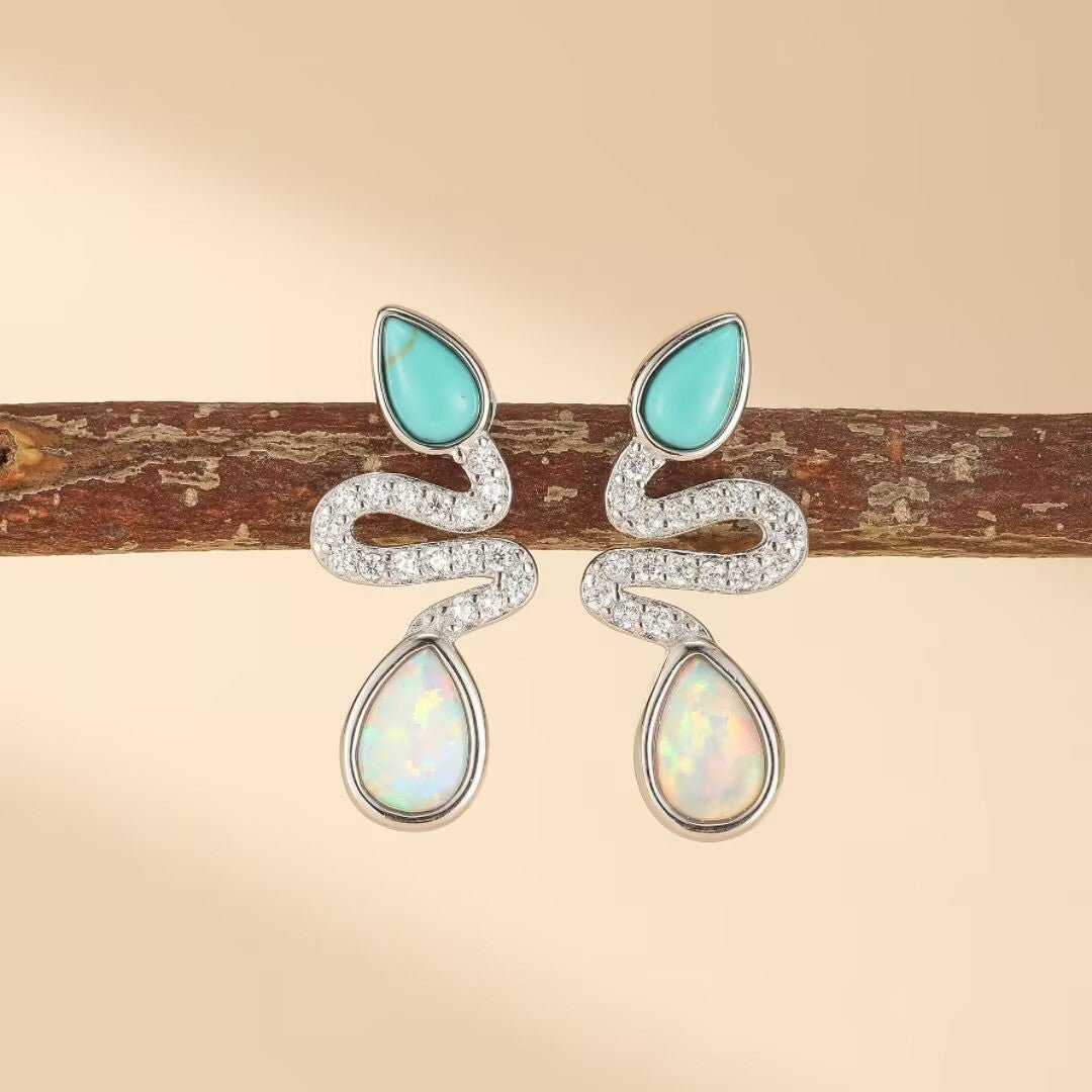 Boucles d'Oreilles Serpent Opale Turquoise Larmes de Lagon - Biloria