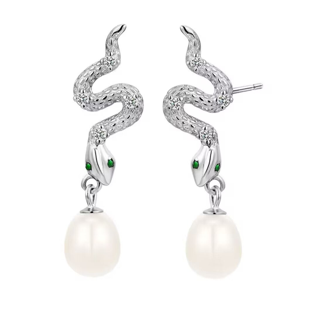 Boucles d'Oreilles Serpent Perle Naturelle - Argent 925 Fait Main - Biloria