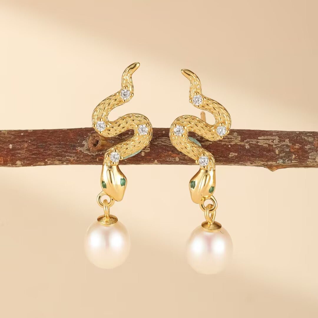 Boucles d'Oreilles Serpent Perle Naturelle - Argent 925 Fait Main - Biloria
