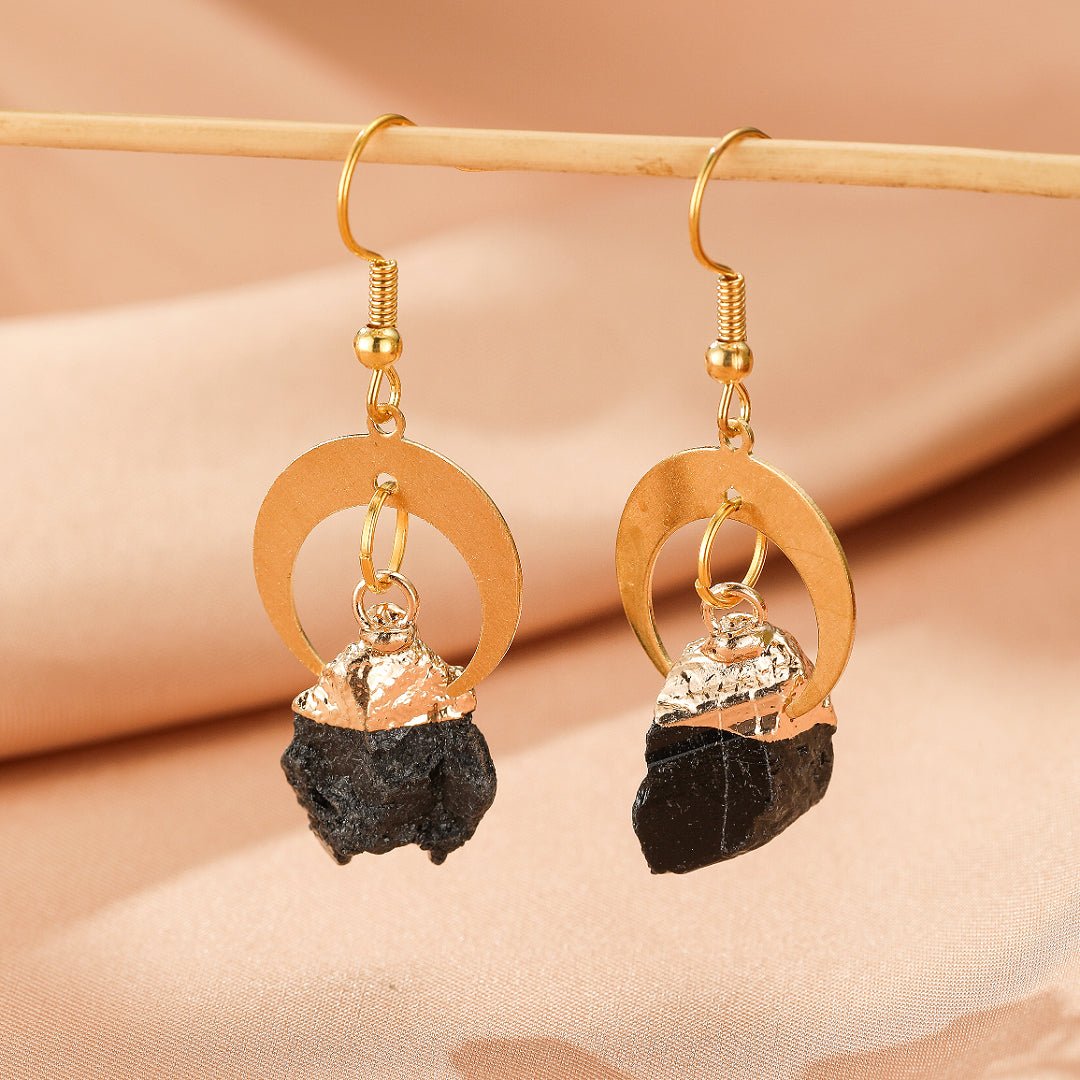 Boucles d'Oreilles Tourmaline Noire Brut Doré Lune - Biloria