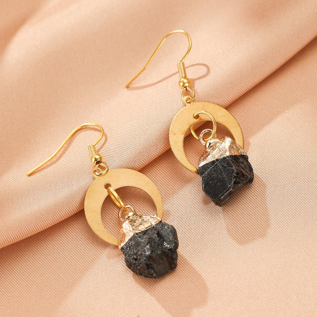 Boucles d'Oreilles Tourmaline Noire Brut Doré Lune - Biloria
