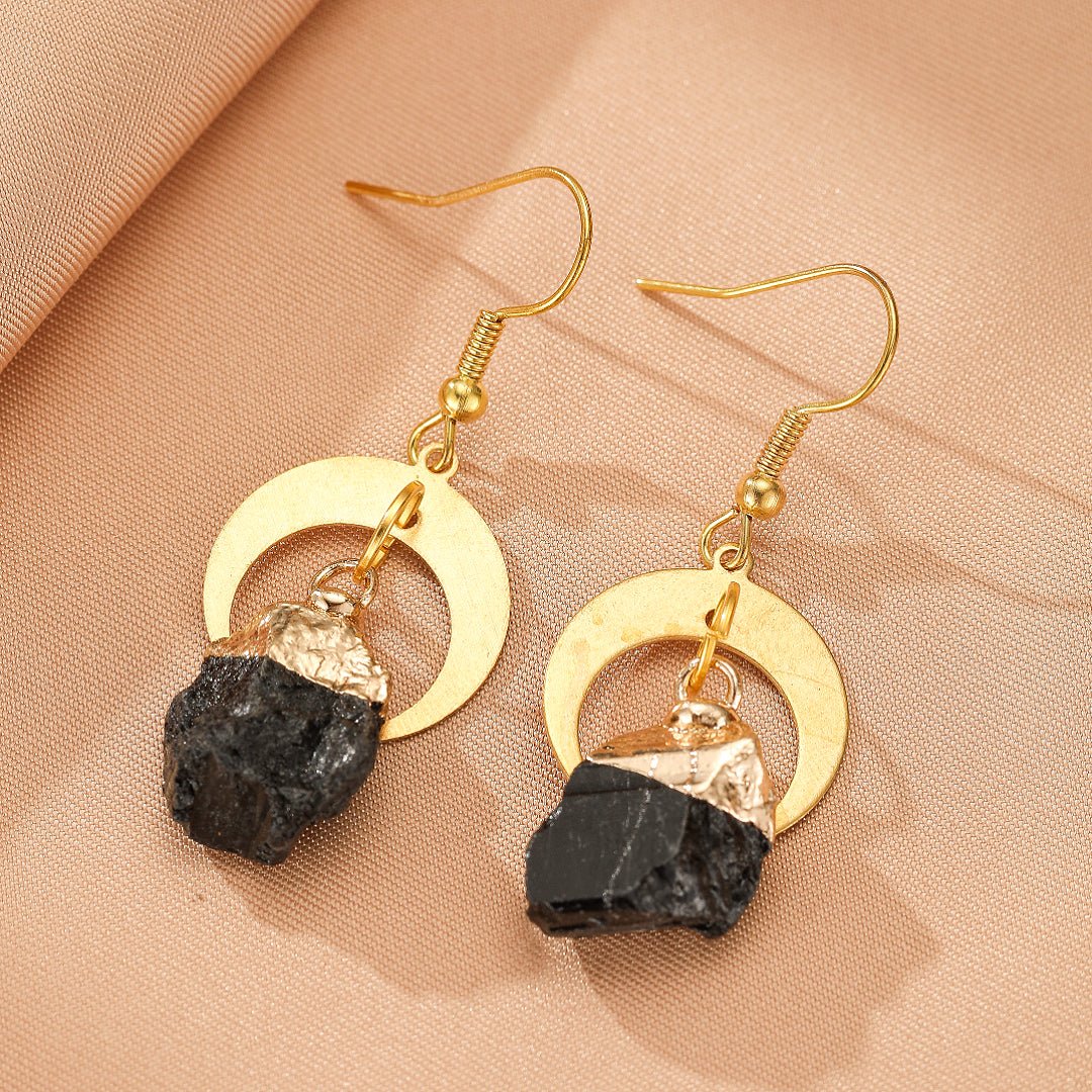 Boucles d'Oreilles Tourmaline Noire Brut Doré Lune - Biloria