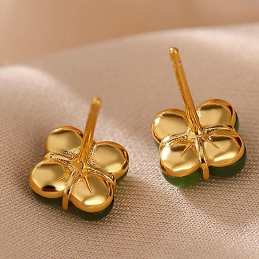 Boucles d'Oreilles Trèfle en Jade Argent Plaqué Or Chance et Sérénité - Biloria