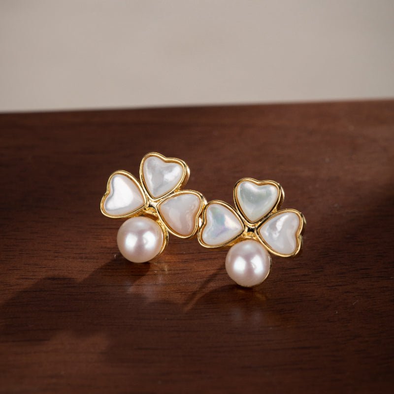 Boucles d'Oreilles Trèfle Perle Nacre Plaqué Or – Cadeau Féminin - Biloria