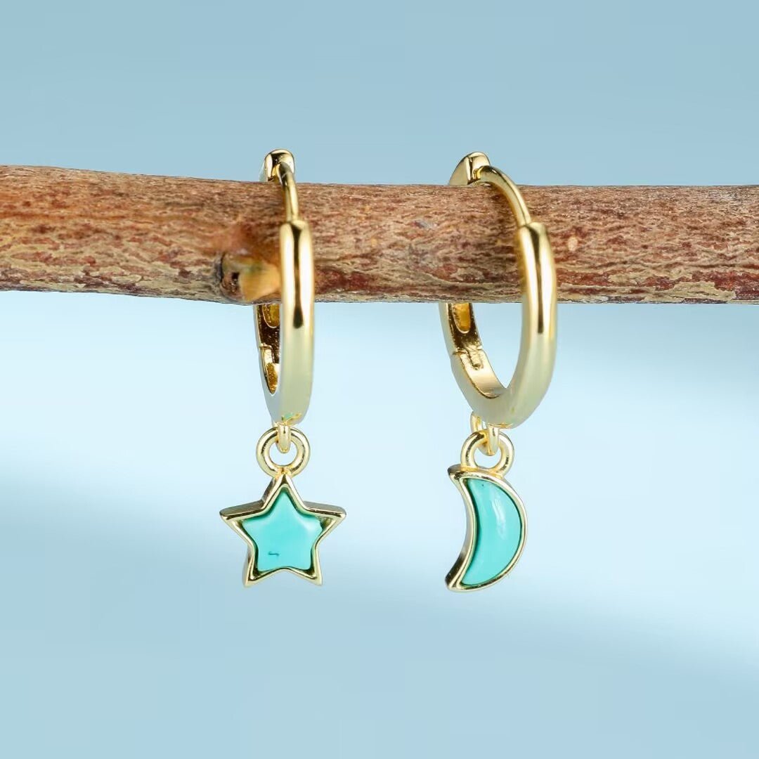 Boucles d'Oreilles Turquoise Étoile Lune Argent Plaqué Or - Biloria