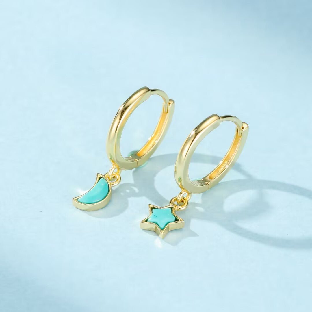 Boucles d'Oreilles Turquoise Étoile Lune Argent Plaqué Or - Biloria