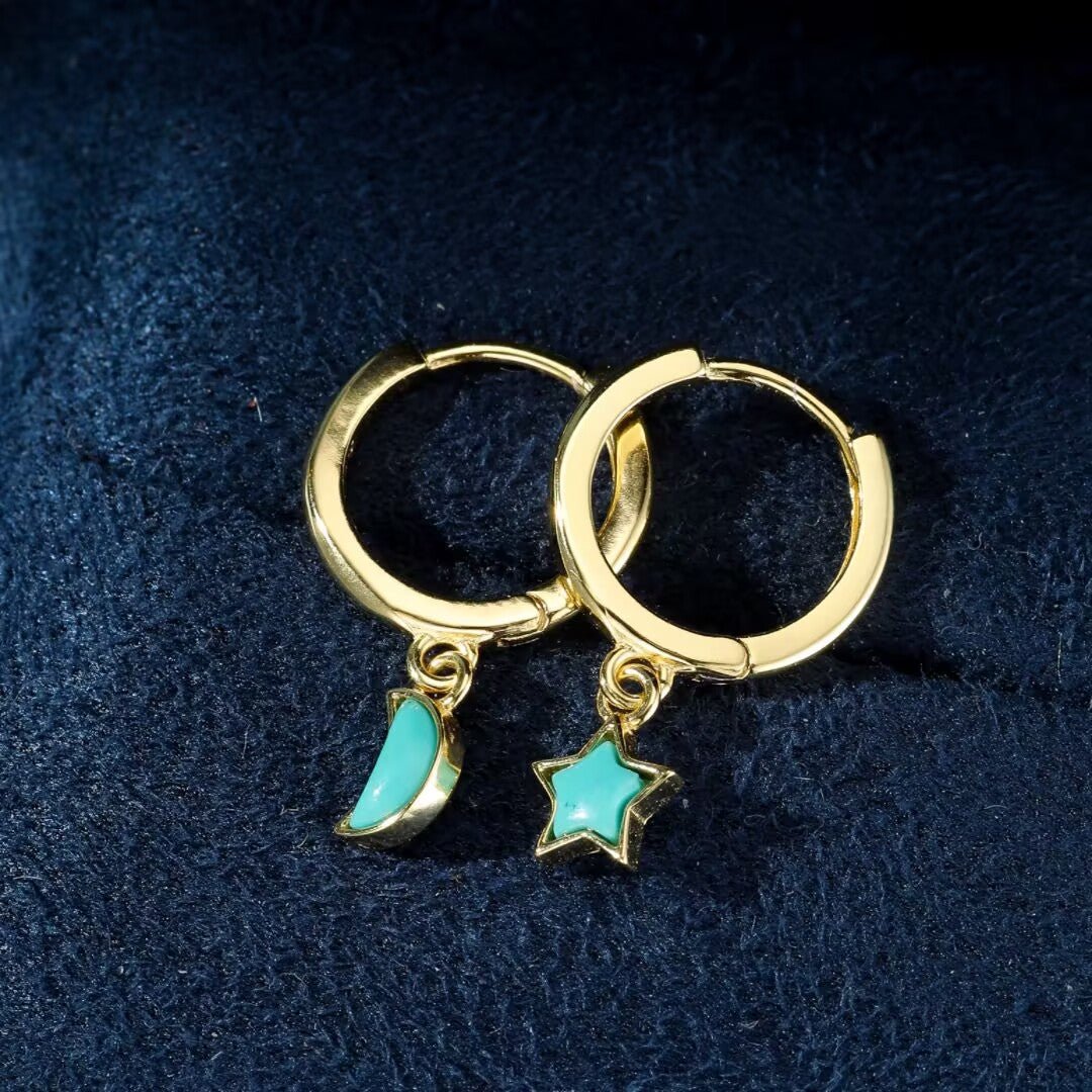 Boucles d'Oreilles Turquoise Étoile Lune Argent Plaqué Or - Biloria