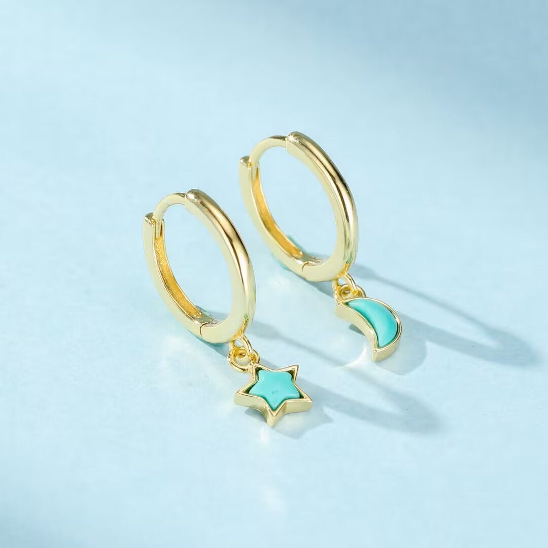 Boucles d'Oreilles Turquoise Étoile Lune Argent Plaqué Or - Biloria