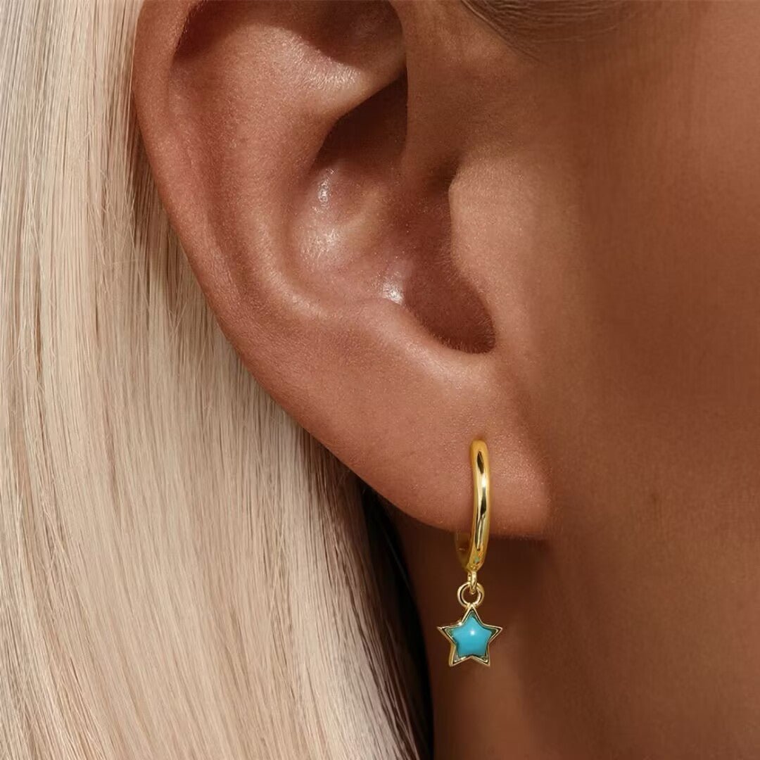 Boucles d'Oreilles Turquoise Étoile Lune Argent Plaqué Or - Biloria
