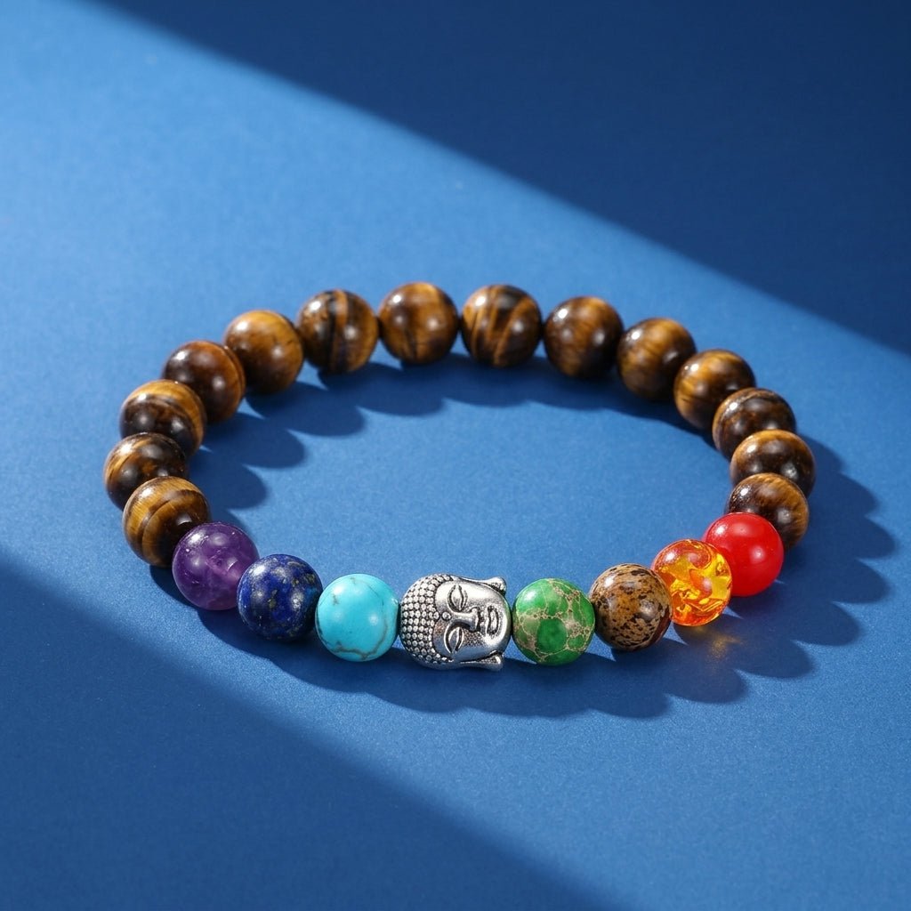 Bracelet 7 Chakras Œil de Tigre et Pierres Naturelles avec Bouddha - Biloria