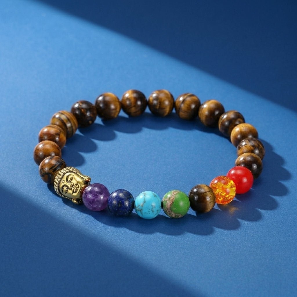 Bracelet 7 Chakras Œil de Tigre et Pierres Naturelles avec Bouddha - Biloria