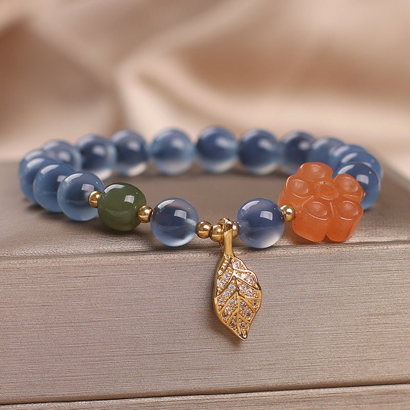 Bracelet Agate Bleue Feuille Dorée – Sérénité et Élégance - Biloria