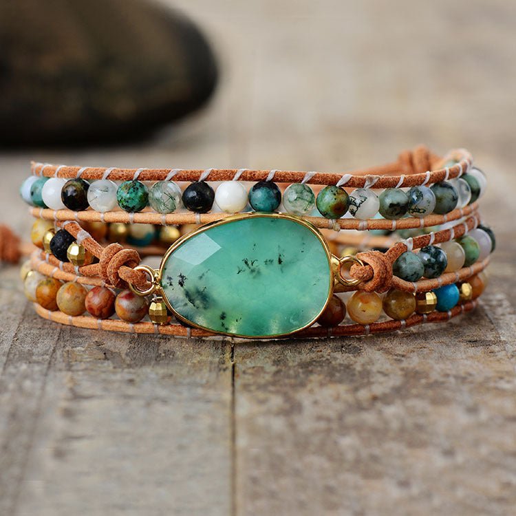 Bracelet Agate Verte Cuir Ajustable – Déco Bureau Télétravail - Biloria