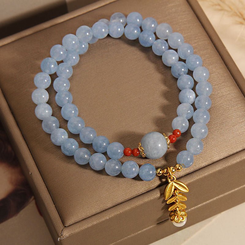 Bracelet Aigue Marine Perle Double Tour Épi de Blé - Biloria