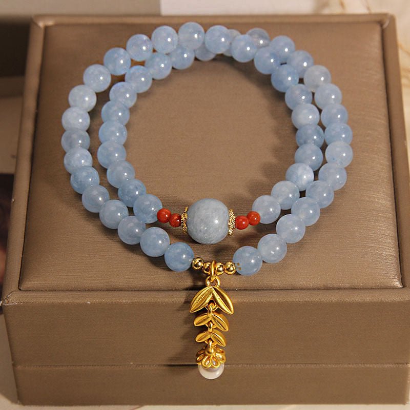 Bracelet Aigue Marine Perle Double Tour Épi de Blé - Biloria