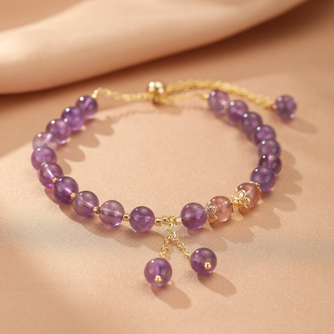 Bracelet Améthyste et Quartz Fraise Ajustable Protection et Douceur - Biloria