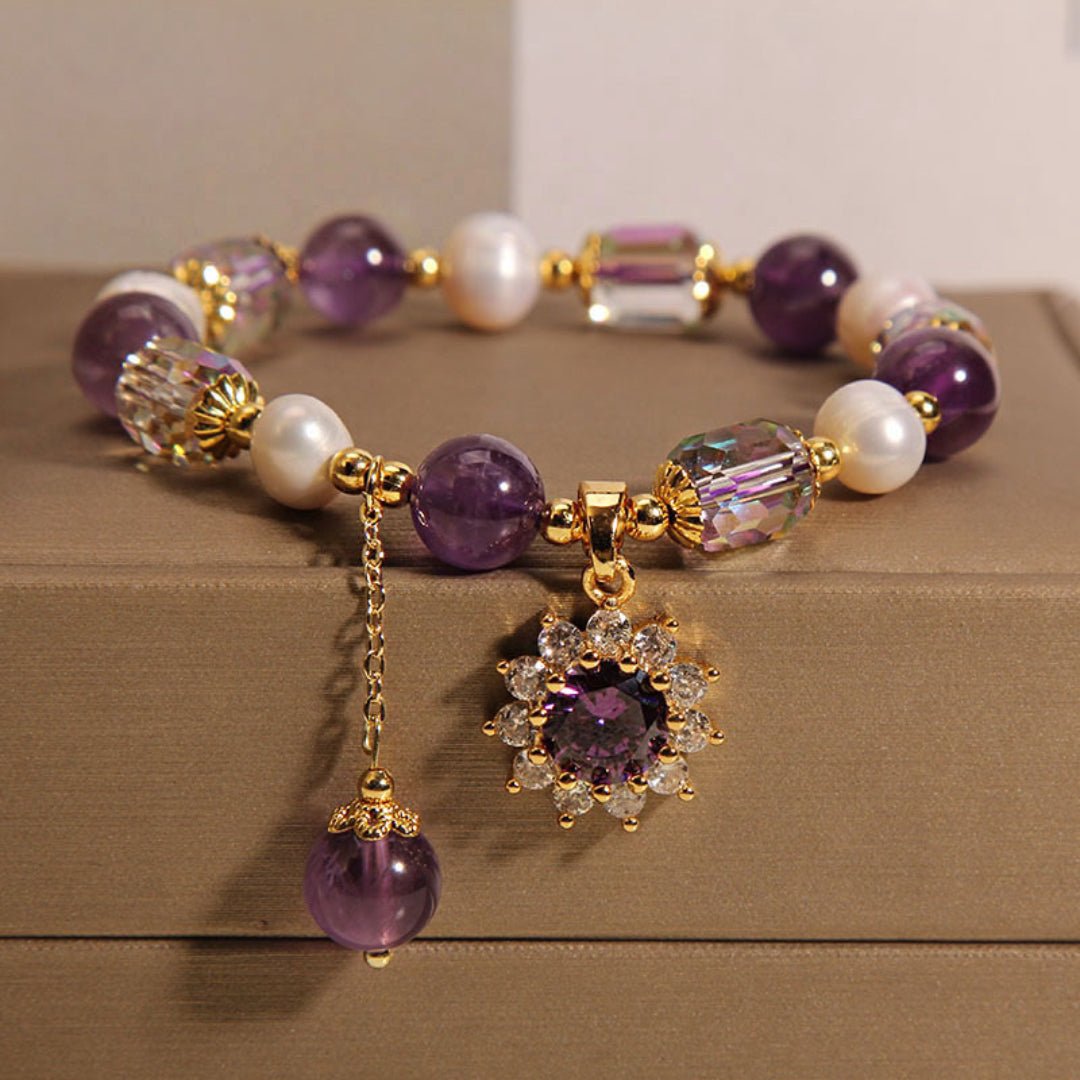 Bracelet Améthyste Perle Pendentif Soleil pour Bureau - Biloria