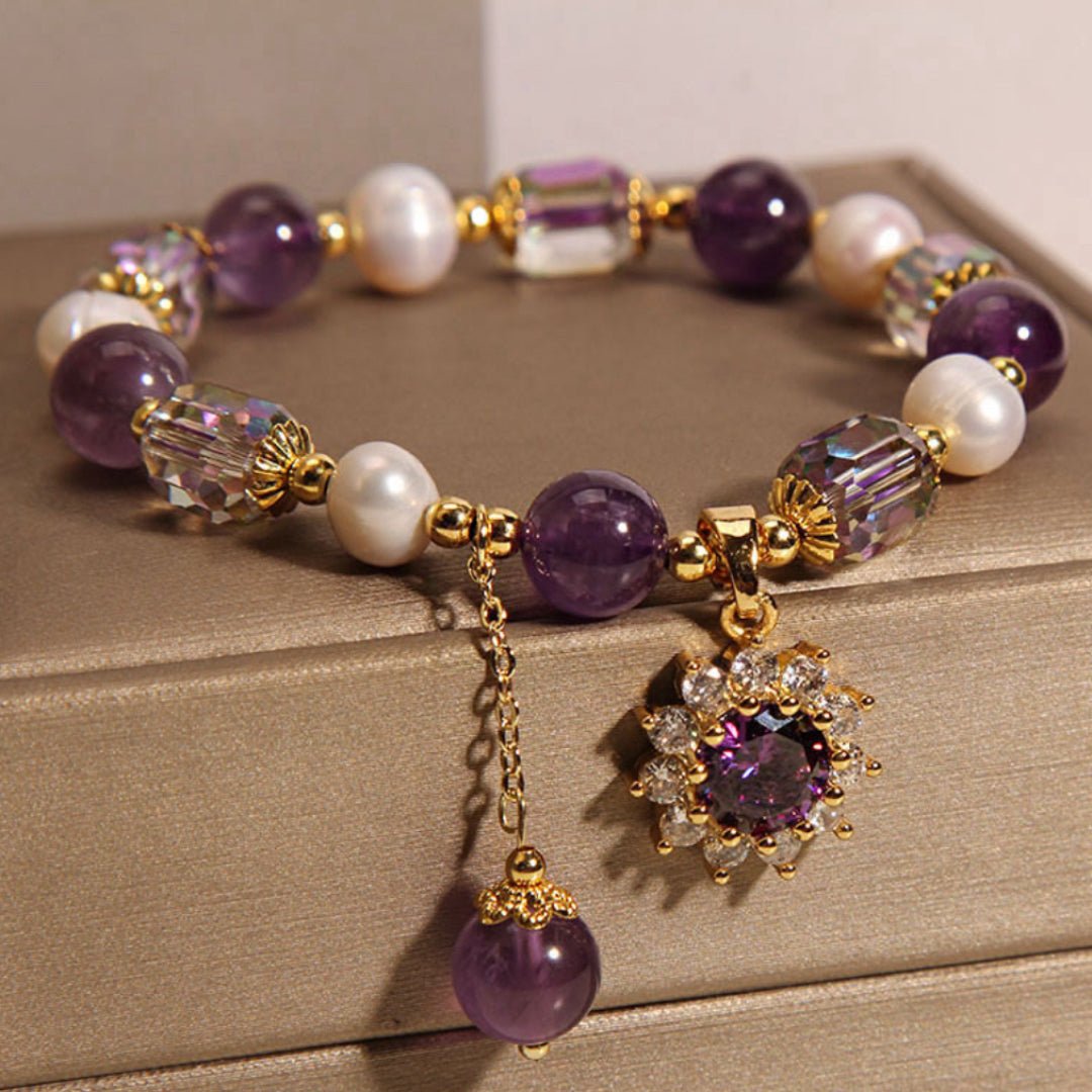 Bracelet Améthyste Perle Pendentif Soleil pour Bureau - Biloria