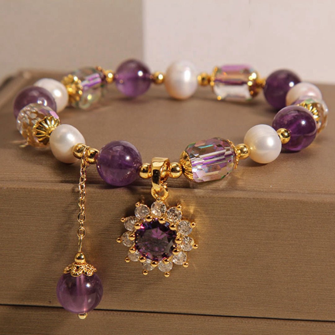 Bracelet Améthyste Perle Pendentif Soleil pour Bureau - Biloria