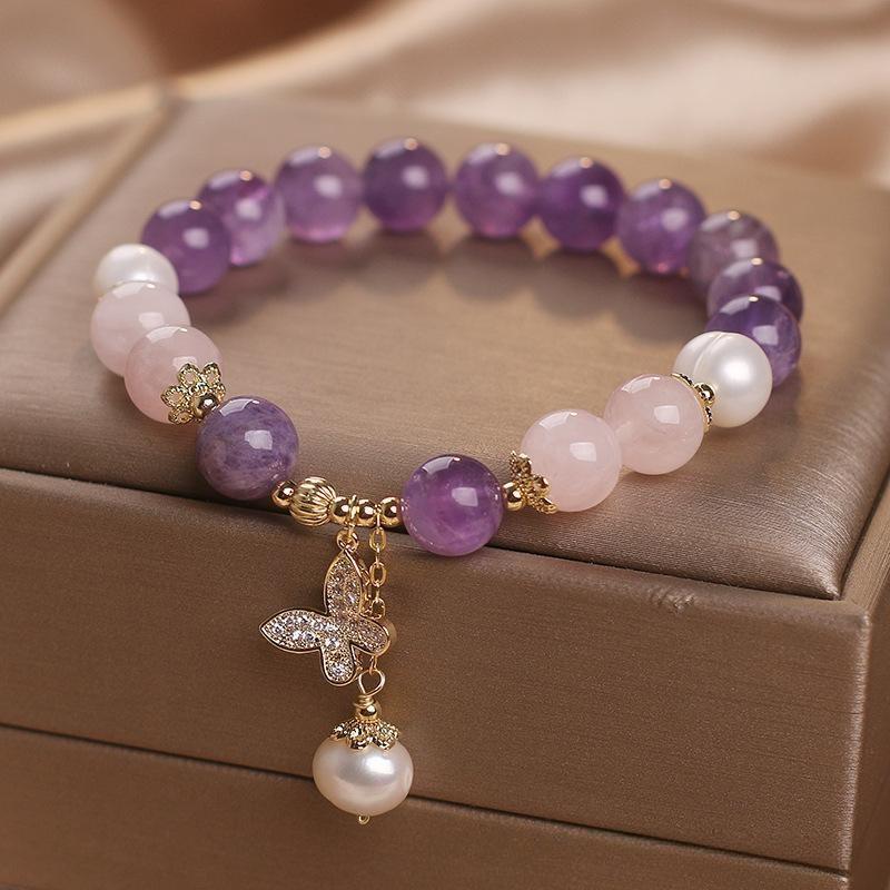Bracelet Améthyste Quartz Rose et Perle avec Papillon - Biloria
