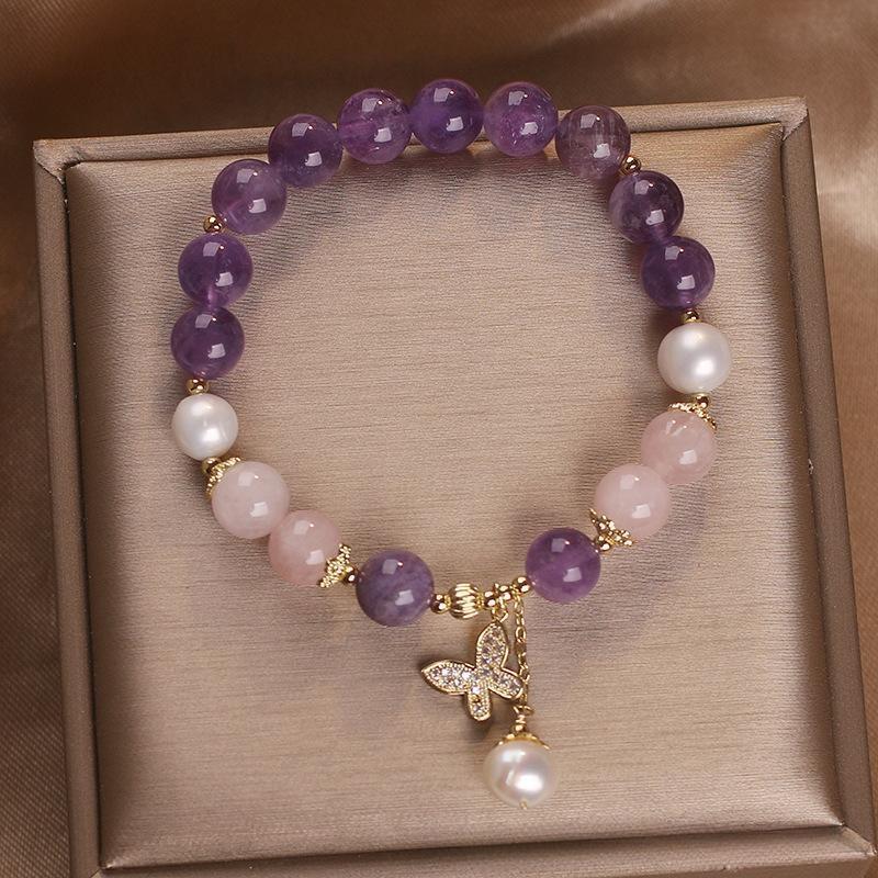 Bracelet Améthyste Quartz Rose et Perle avec Papillon - Biloria