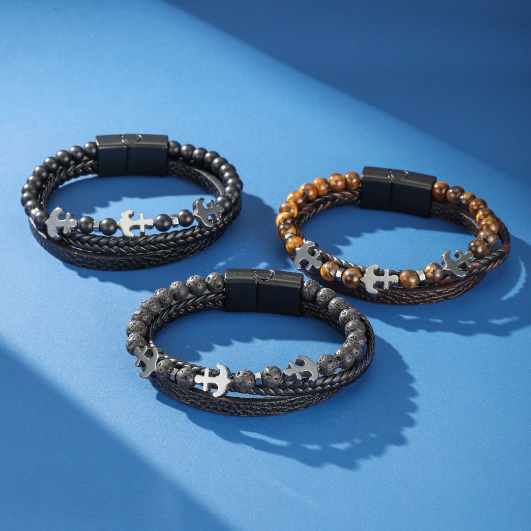 Bracelet Ancre Cuir et Pierre Naturelle pour Homme - Biloria