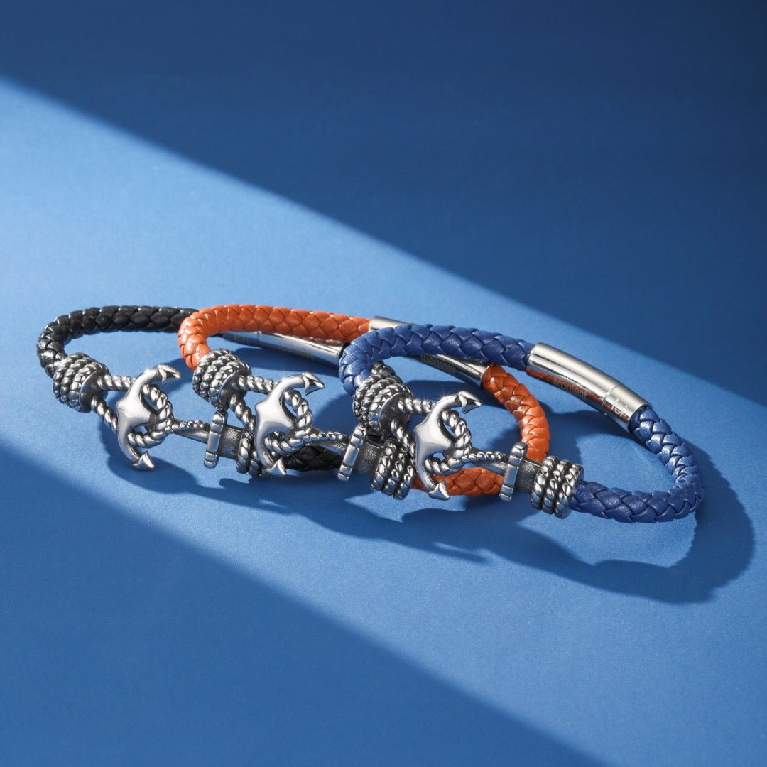 Bracelet Ancre Cuir Noir Acier - Stabilité au Quotidien - Biloria