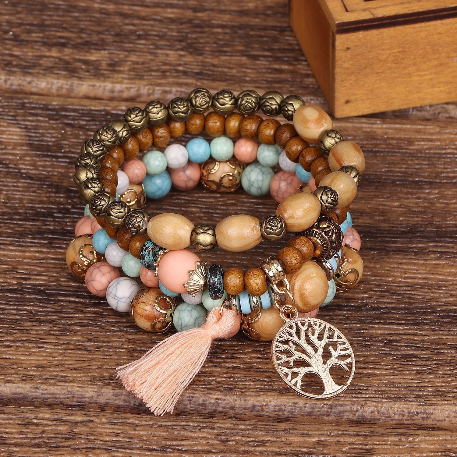 Bracelet Arbre de Vie en Bois et Métal - Cadeau Abondance - Biloria