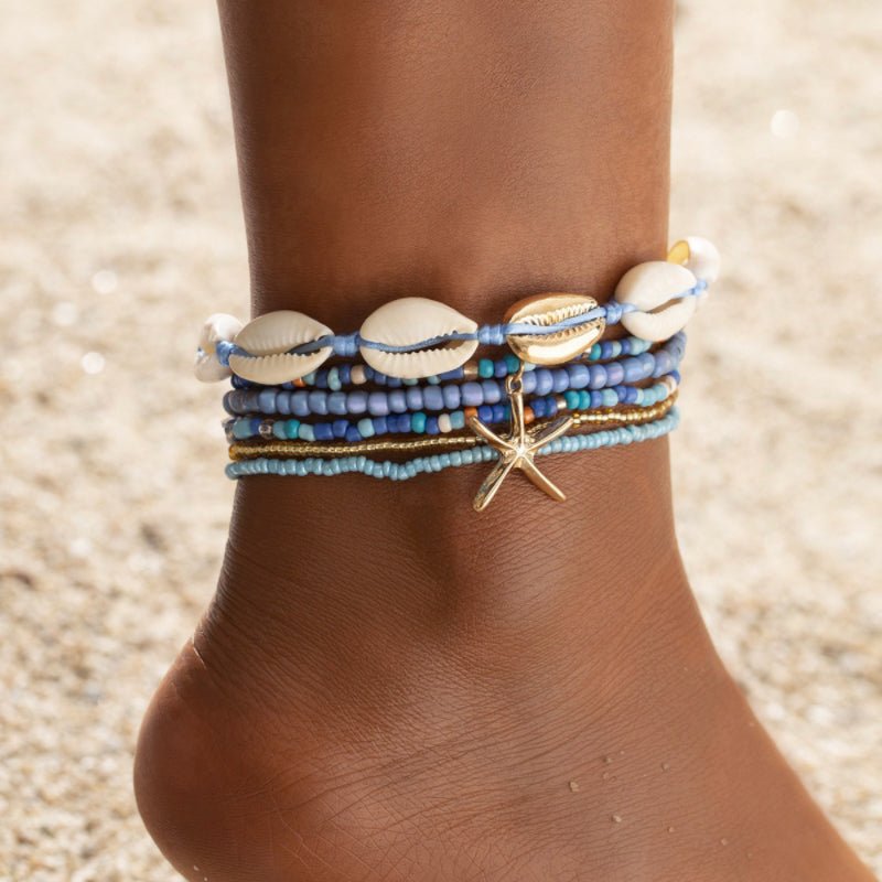 Bracelet cheville coquillage étoile de mer bleu ajustable - Biloria