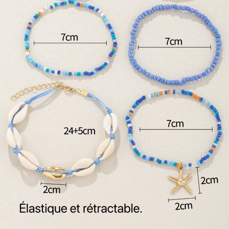 Bracelet cheville coquillage étoile de mer bleu ajustable - Biloria