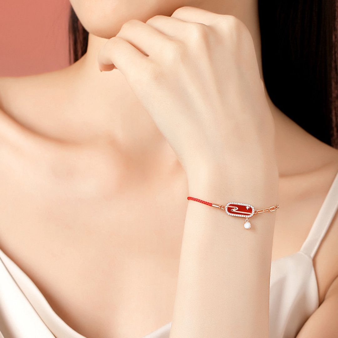 Bracelet Cordon Rouge Nuage Lunaire – Argent Plaqué Or - Biloria