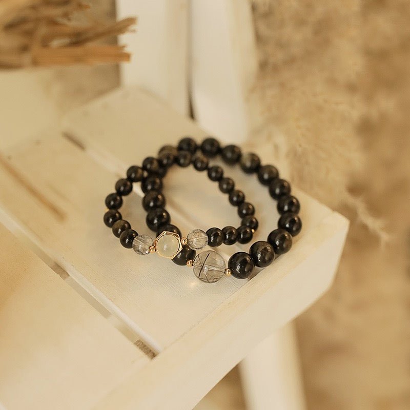 Bracelet Couple Obsidienne Dorée Fusion Argent Plaqué Or - Biloria