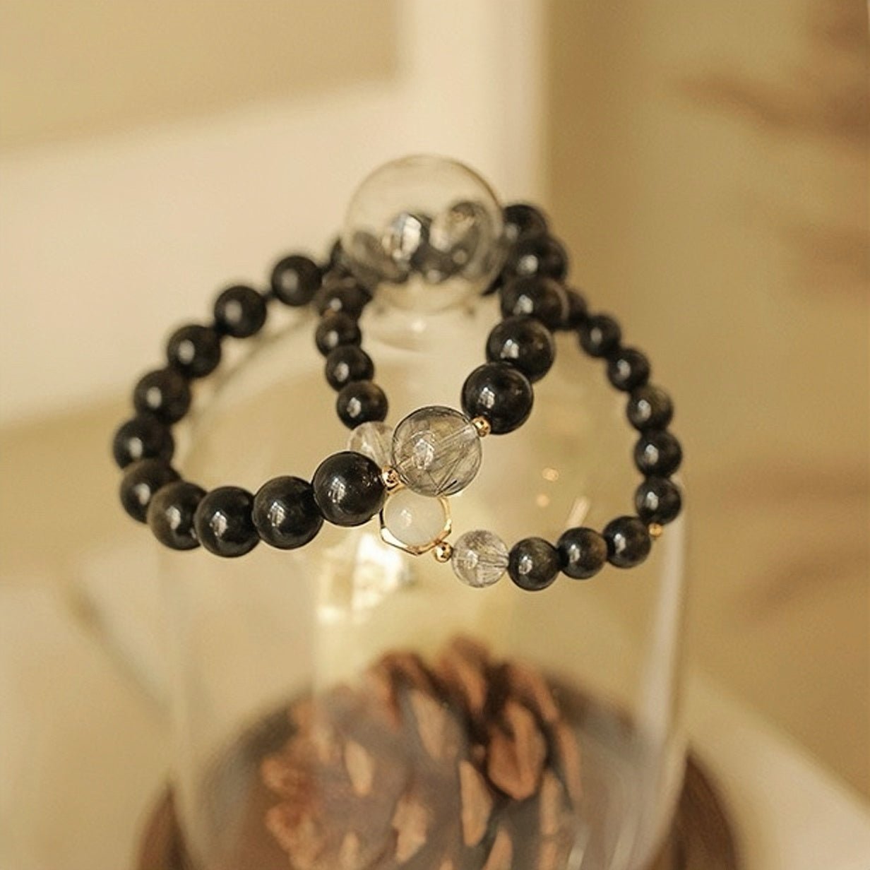 Bracelet Couple Obsidienne Dorée Fusion Argent Plaqué Or - Biloria