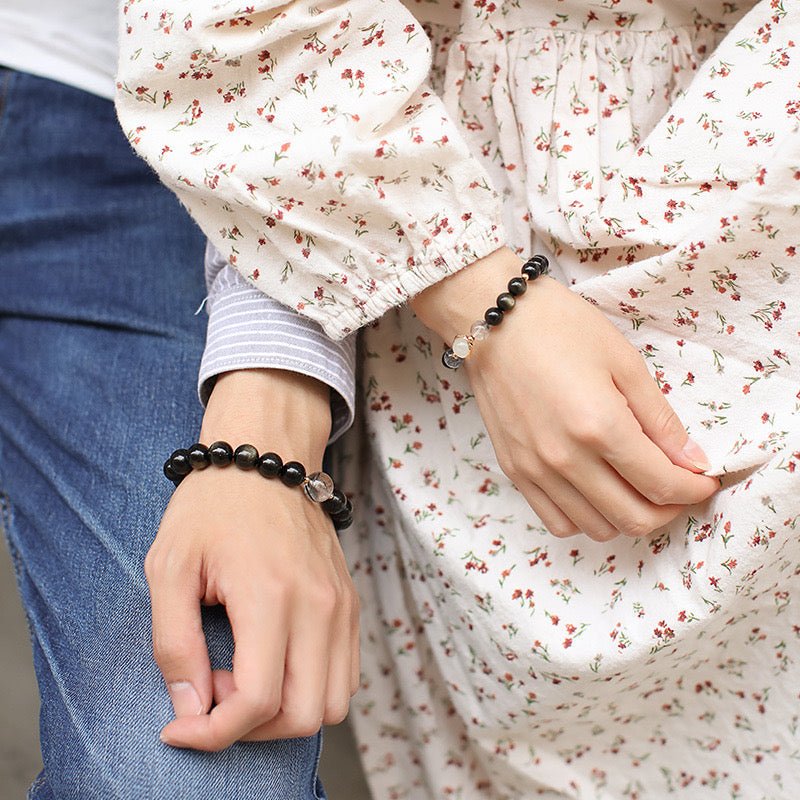 Bracelet Couple Obsidienne Dorée Fusion Argent Plaqué Or - Biloria