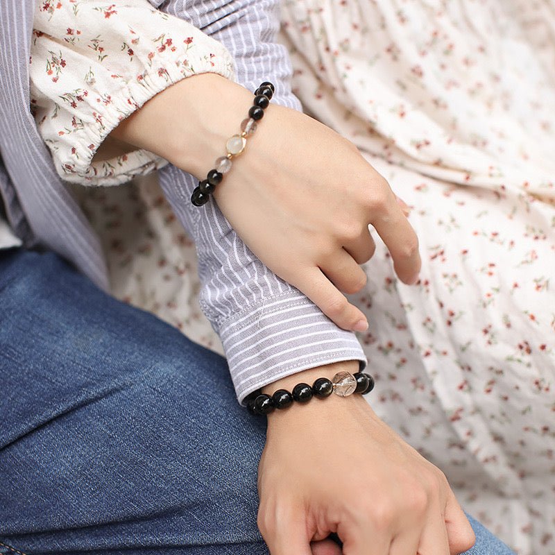 Bracelet Couple Obsidienne Dorée Fusion Argent Plaqué Or - Biloria