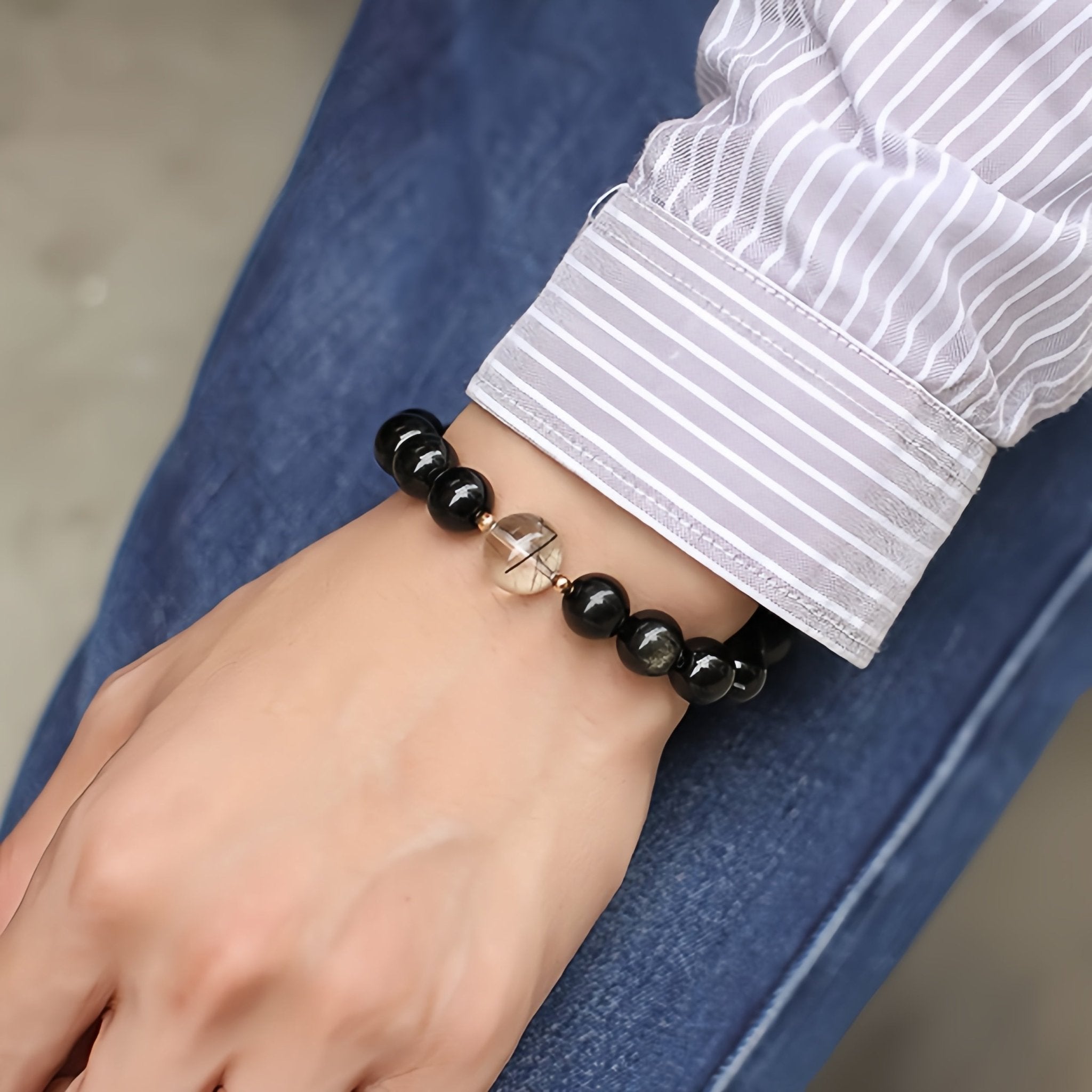 Bracelet Couple Obsidienne Dorée Fusion Argent Plaqué Or - Biloria
