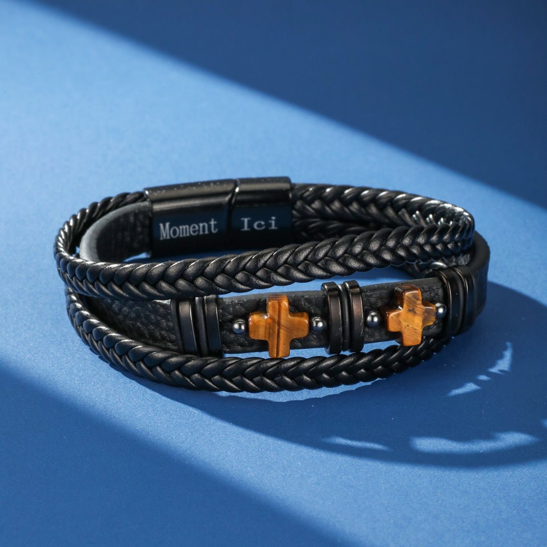 Bracelet Cuir Œil de Tigre Double Protection Homme - Biloria
