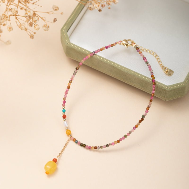 Bracelet de Cheville Tourmaline et Ambre – Joie Vibrante, Plaqué Or - Biloria