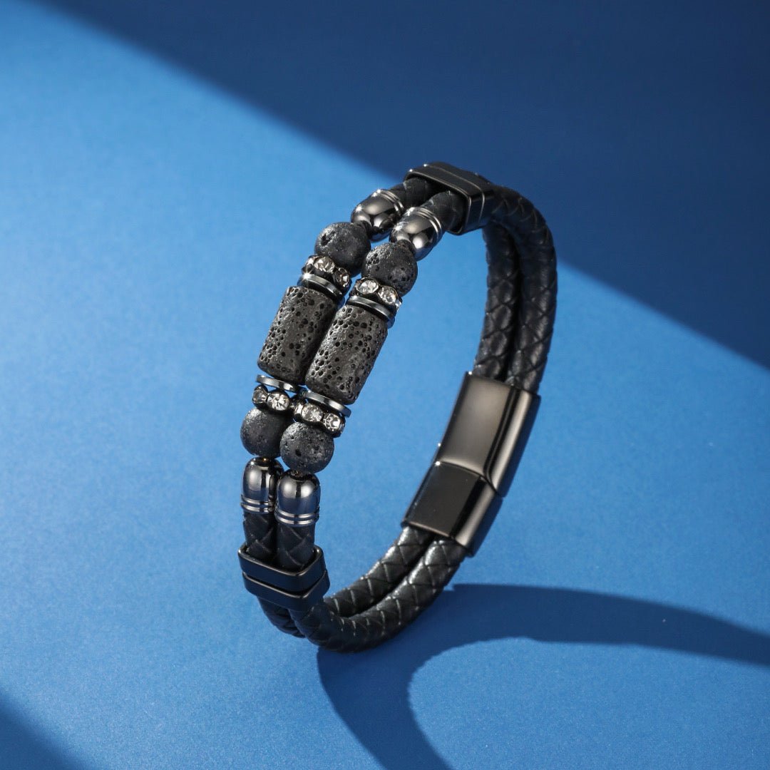 Bracelet double tour cuir pierre de lave et hématite homme - Biloria