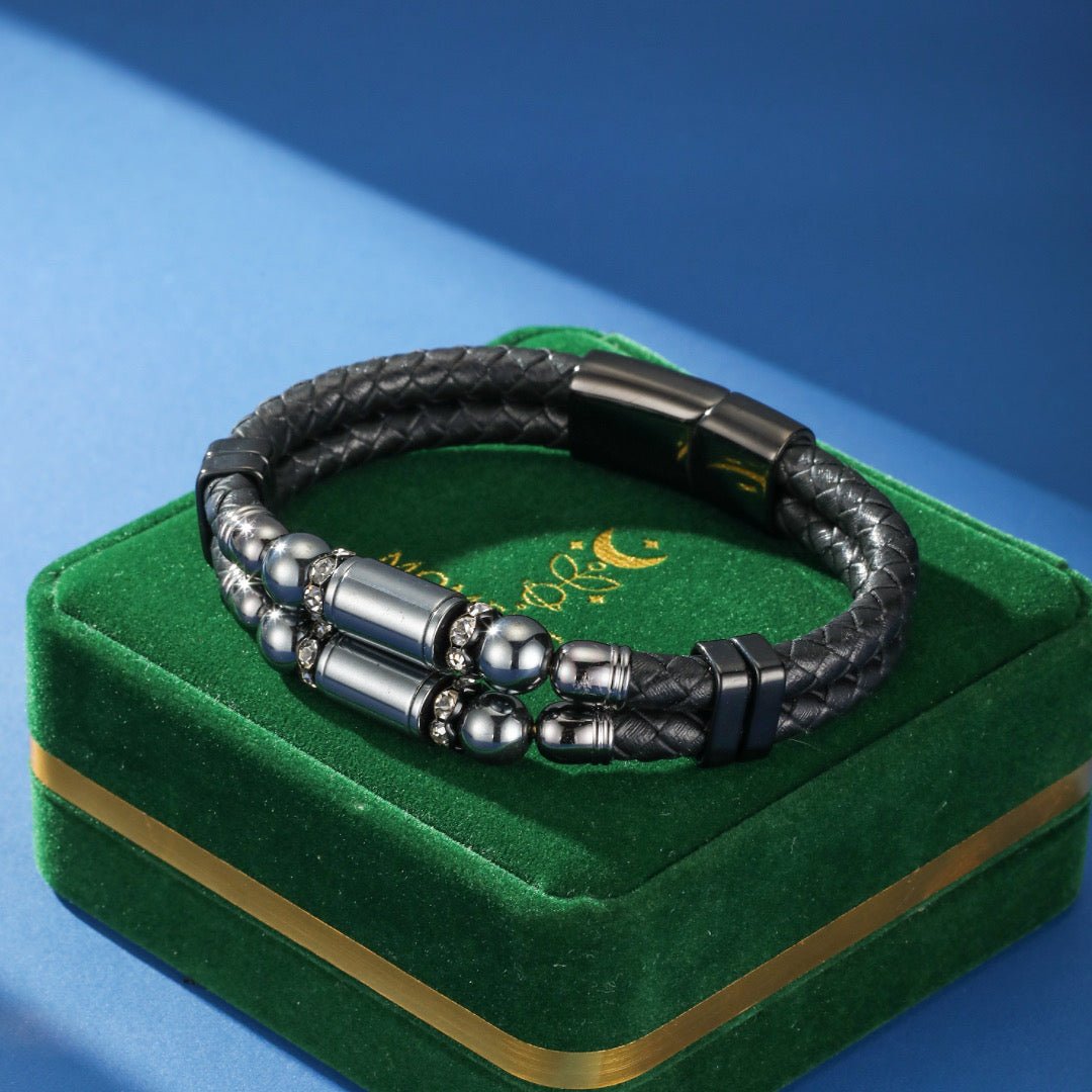 Bracelet double tour cuir pierre de lave et hématite homme - Biloria