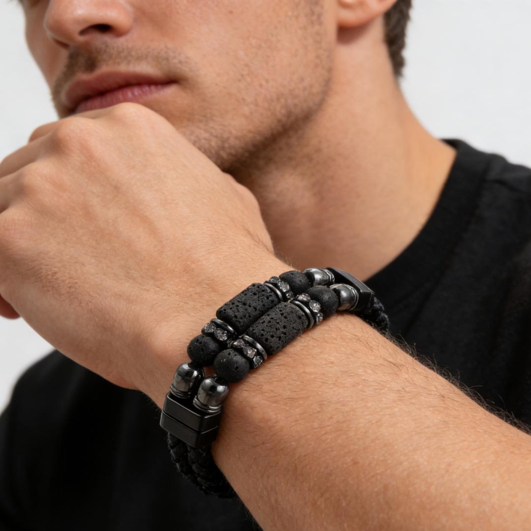 Bracelet double tour cuir pierre de lave et hématite homme - Biloria
