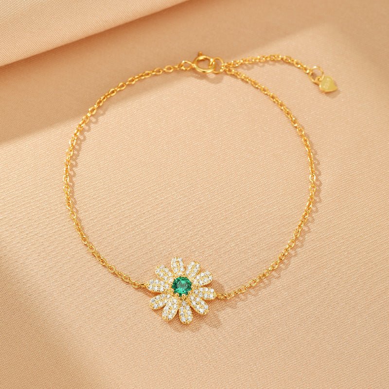 Bracelet Émeraude Zircon Fleur Argent Plaqué Or 18K - Biloria