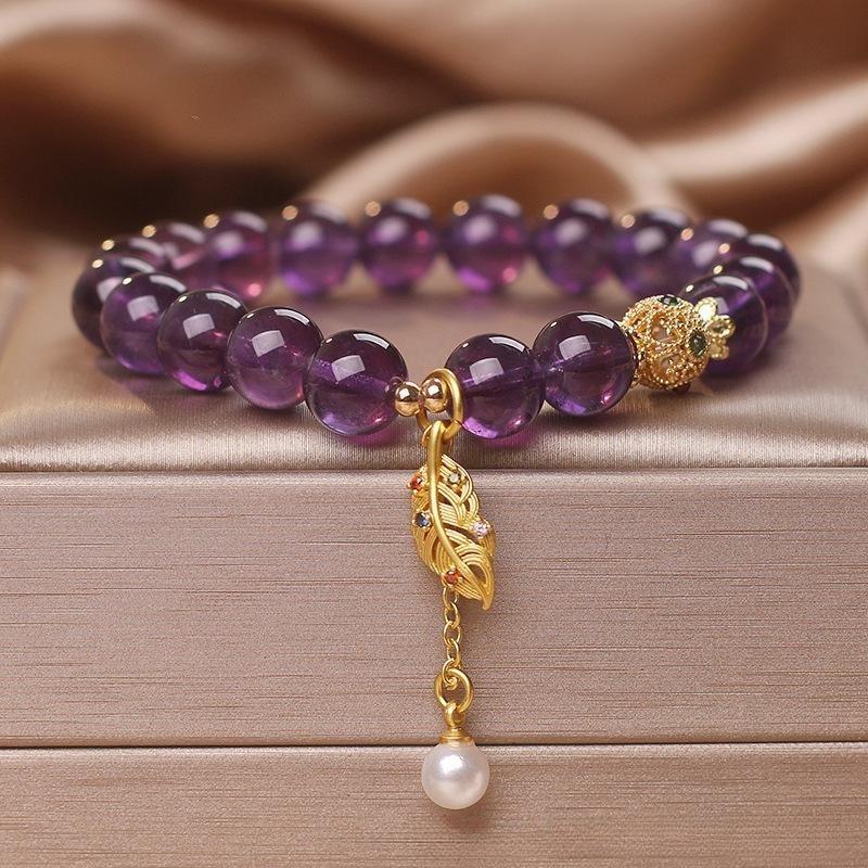Bracelet en Améthyste et Perle avec Feuille Dorée - Biloria