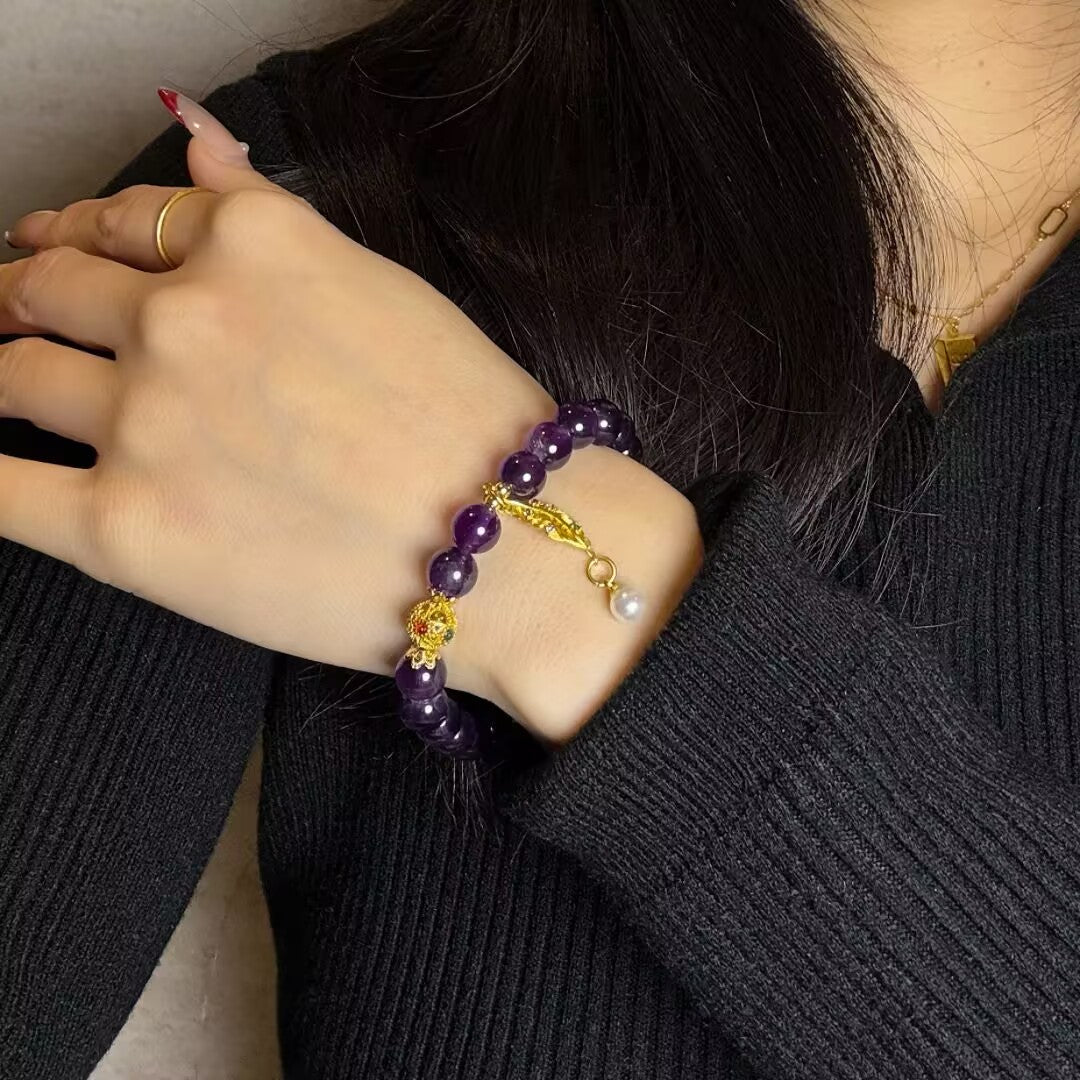 Bracelet en Améthyste et Perle avec Feuille Dorée - Biloria