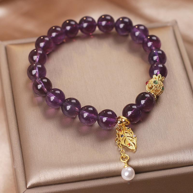 Bracelet en Améthyste et Perle avec Feuille Dorée - Biloria
