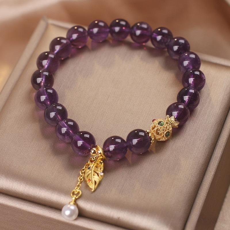 Bracelet en Améthyste et Perle avec Feuille Dorée - Biloria