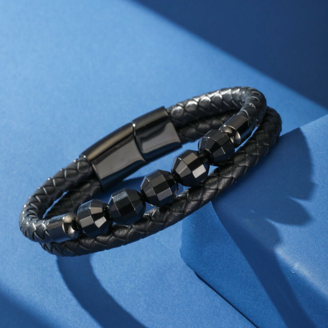 Bracelet en Cuir et Onyx Noir pour Homme - Biloria