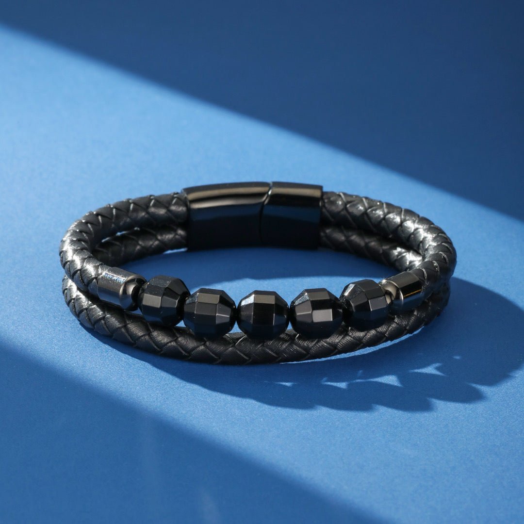 Bracelet en Cuir et Onyx Noir pour Homme - Biloria