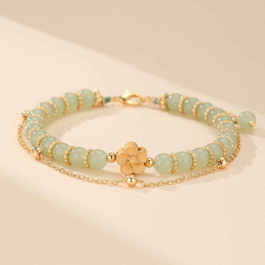 Bracelet en Jade et Fleur de Cerisier Ajustable - Biloria
