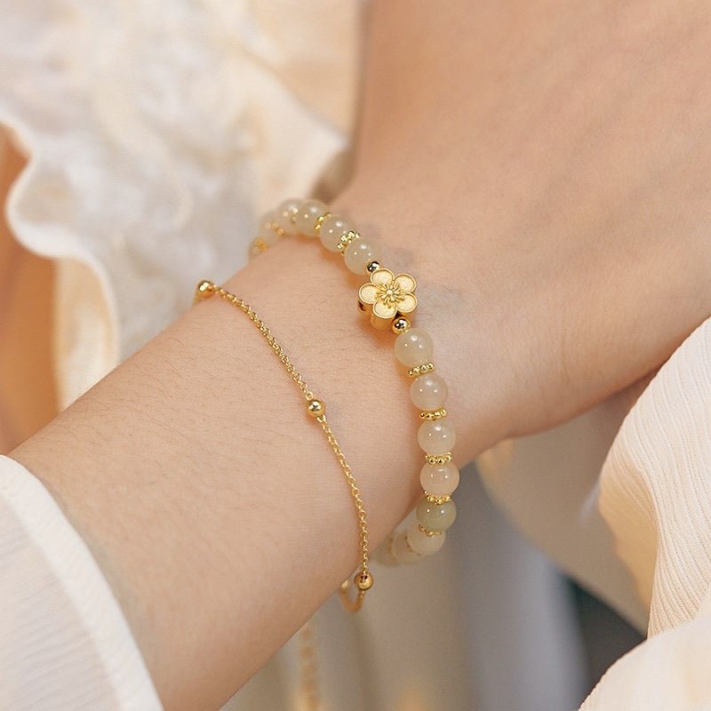 Bracelet en Jade et Fleur de Cerisier Ajustable - Biloria